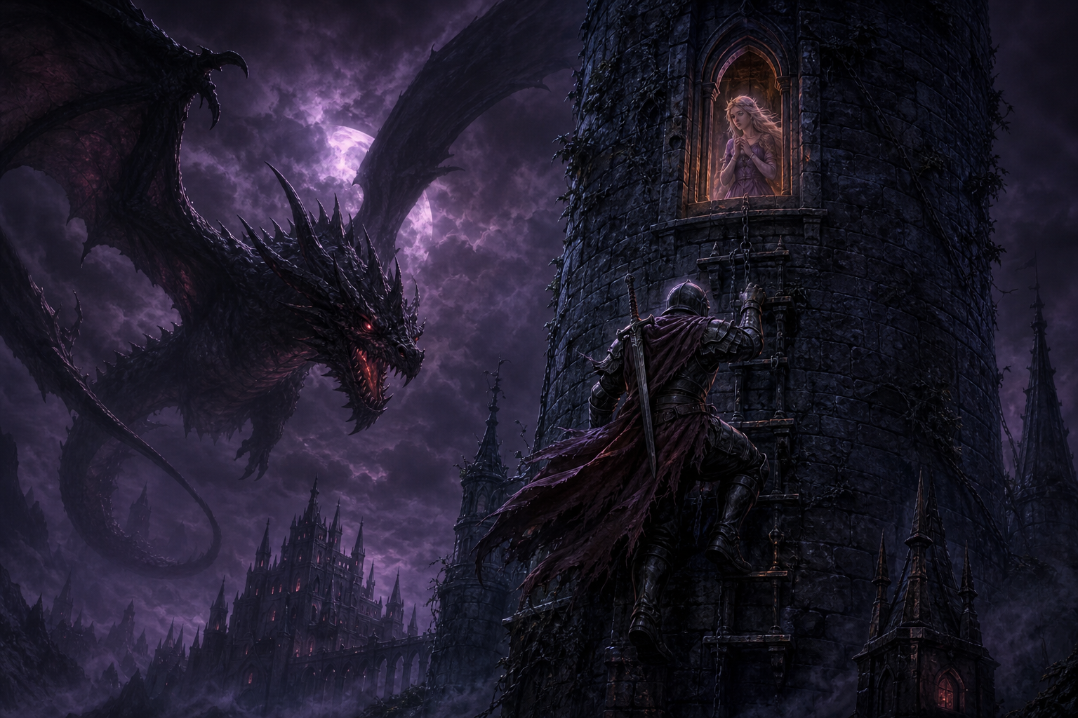 Medieval knight climbing a tower to save the princess from a dragon